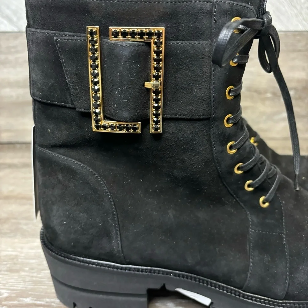Loriblu | Black Ankle Combat Boots With Gold Buckle Detail Size 41 Made In Italy